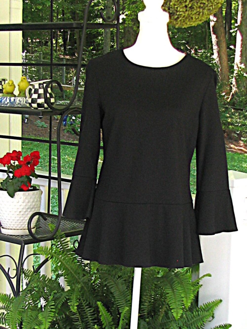 Jude Connally black peplum 3/4 bell sleeve top shirt blouse Large pullover style